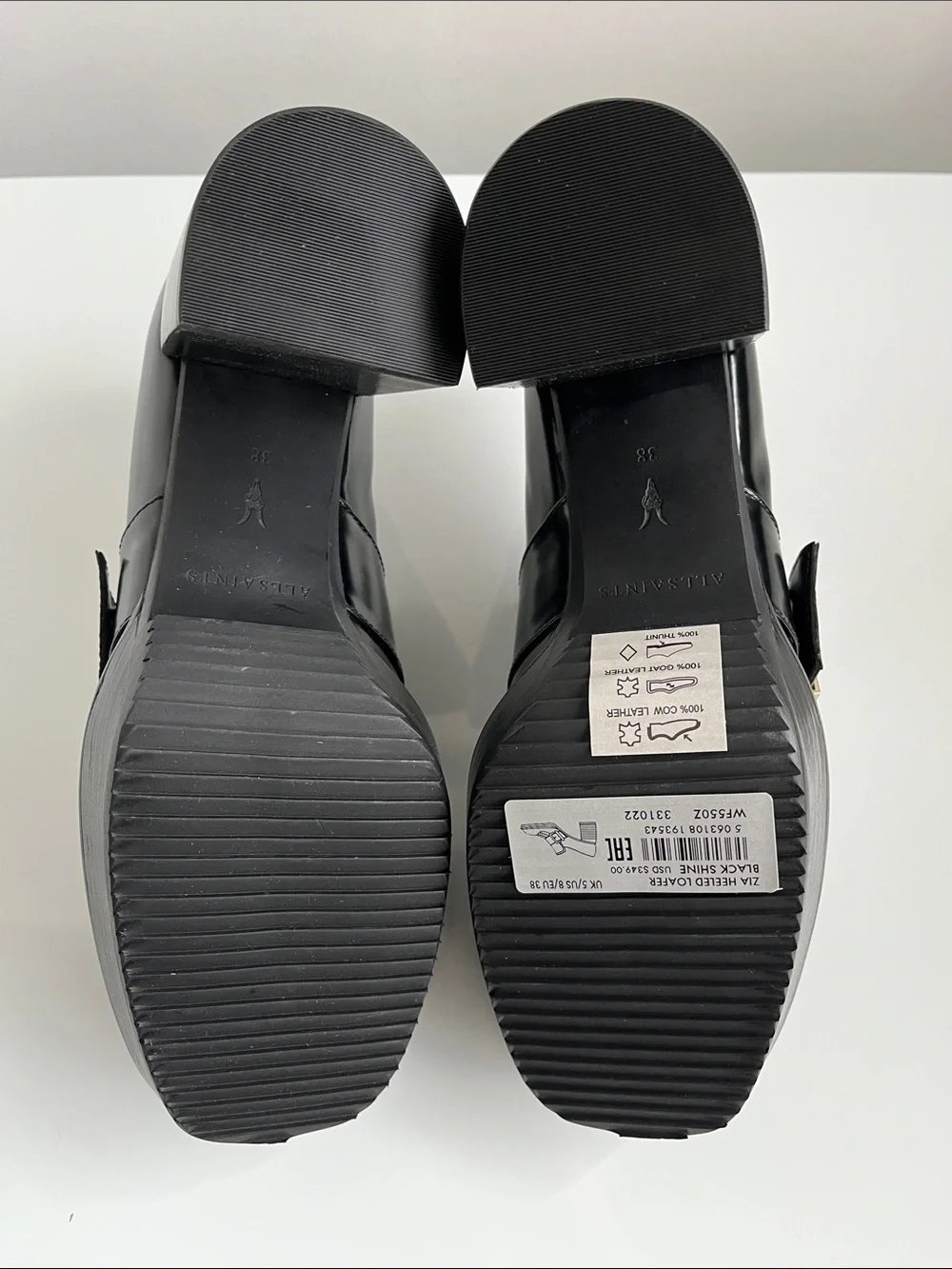 All Saints “ZIA” Black Leather Kiltie Loafers with Gold Buckle